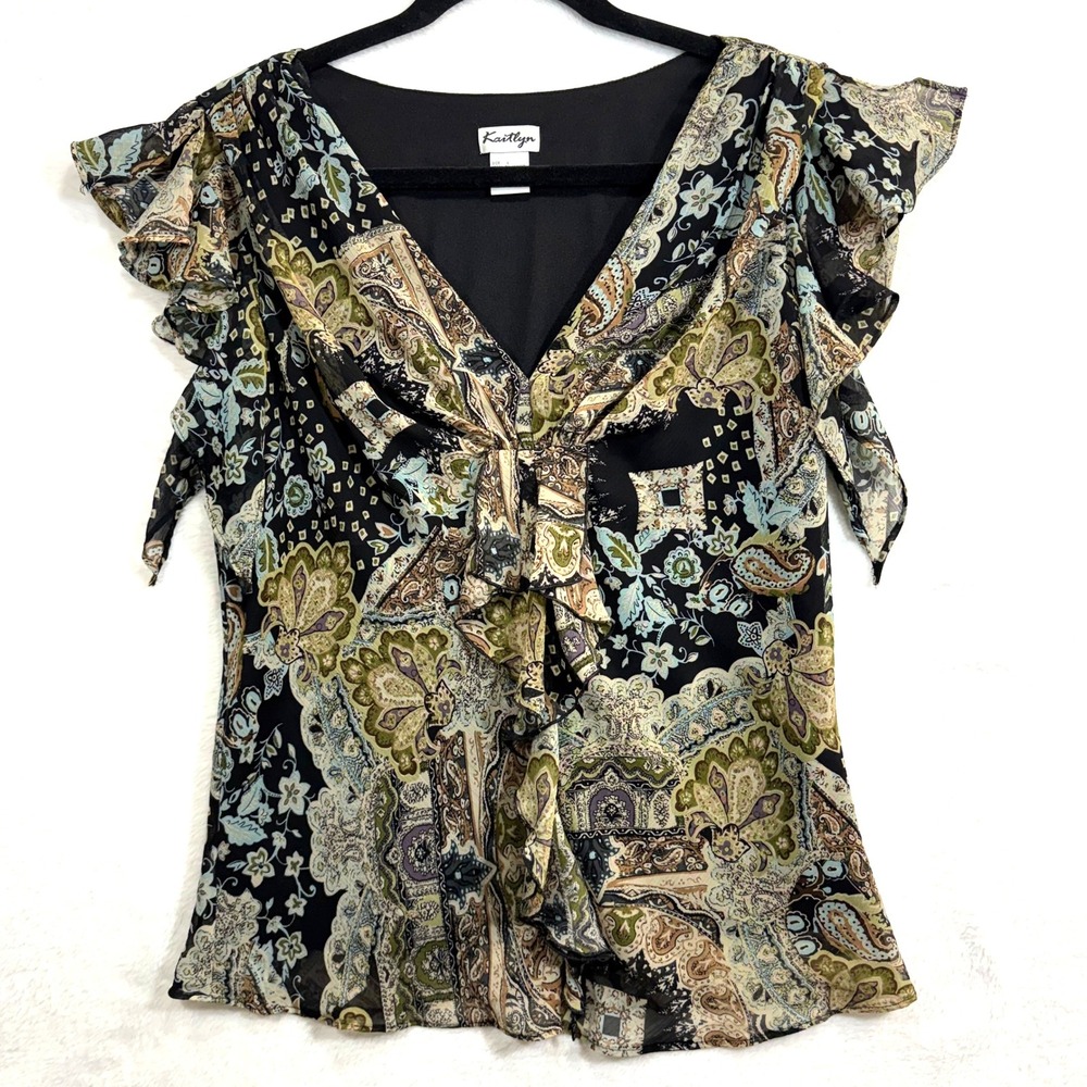 Kaitlyn 1X Paisley Print Top Tie Front Flutter‎ Sleeve Retro Abstract Funky Y2K